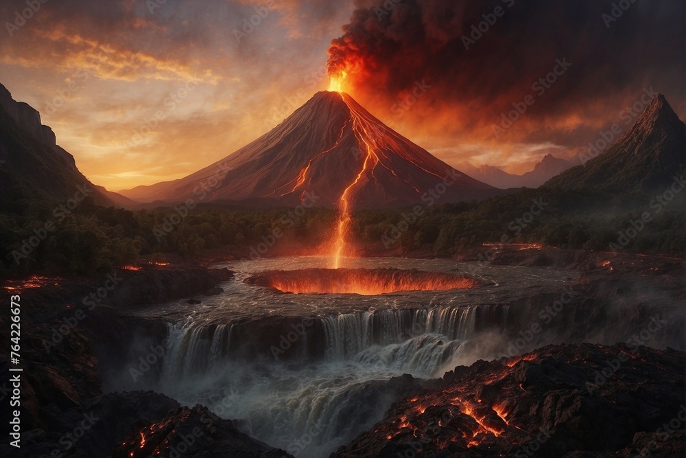 Eruption of Volcano with Lava and Magma Cascades