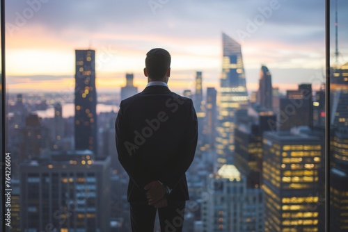 A man stands in front of a window  gazing at the cityscape beyond  Corporate executive overlooking city skyline from a rooftop  AI Generated