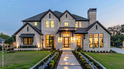 Modern farmhouse luxury home exterior glows at twilight, blending elegance with tranquility. --ar 16:9 --v 6.0 - Image #1 @Zubi