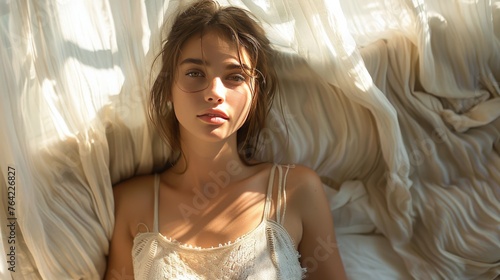 Woman Relaxing on Bed by Window