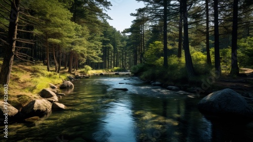 Dense pine forest with river and greenery