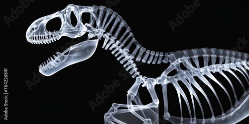 T-Rex skeleton is shown in profile against a black background. The skeleton is see-through and appears translucent. © i-element