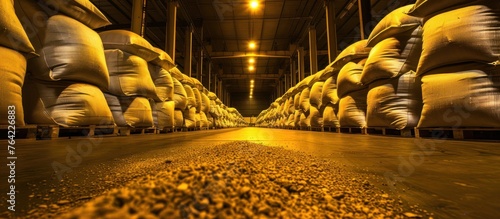Sacks filled with wheat are arranged on a shelf in a warehouse