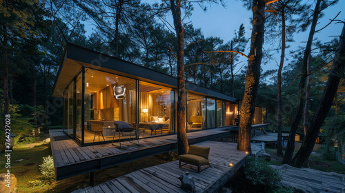 Modern luxury villa designed for glamping, with nearby glass cottage glowing in forest at night. --ar 16:9 --v 6.0 - Image #4 @Zubi