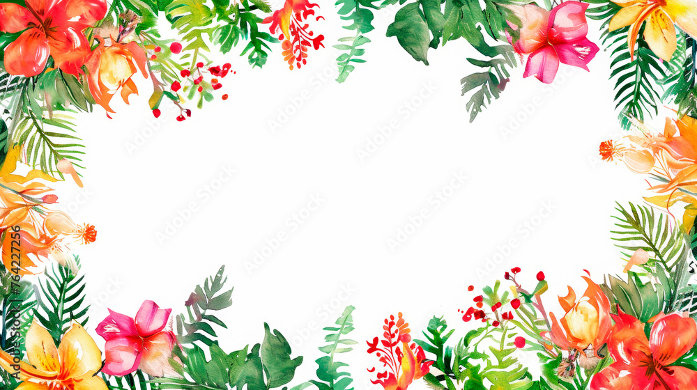 A watercolor painting featuring vibrant flowers, delicate leaves, all meticulously detailed against a clean white Tropical border frame. Background for cosmetics. Healthy lifestyle. Banner. Copy space A watercolor painting featuring vibrant flowers, delicate leaves, all meticulously detailed against a clean white Tropical border frame. Background for cosmetics. Healthy lifestyle. Banner. Copy space