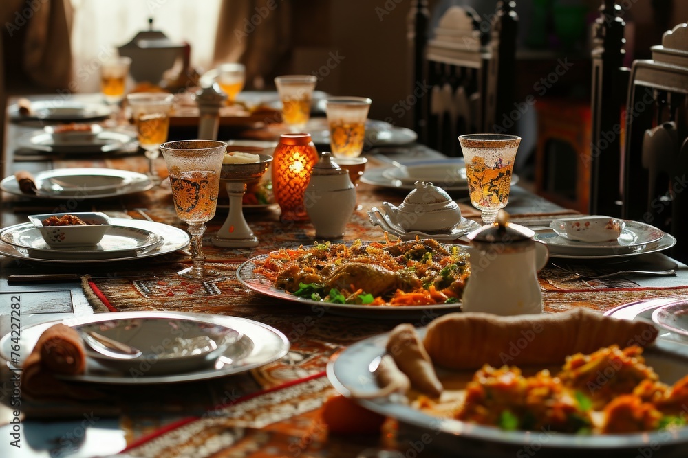 A table filled with a diverse assortment of delectable dishes and plates, Dinner table set for breaking the fast during Ramadan, AI Generated A table filled with a diverse assortment of delectable dishes and plates, Dinner table set for breaking the fast during Ramadan, AI Generated