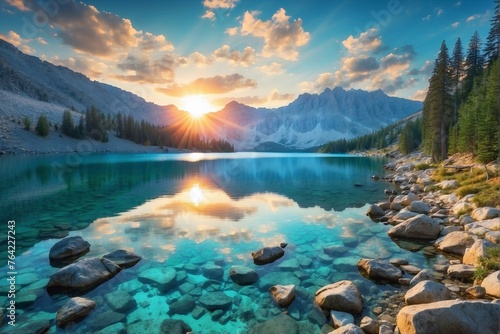 Sunset over a Mountain Lake with Turquoise Water