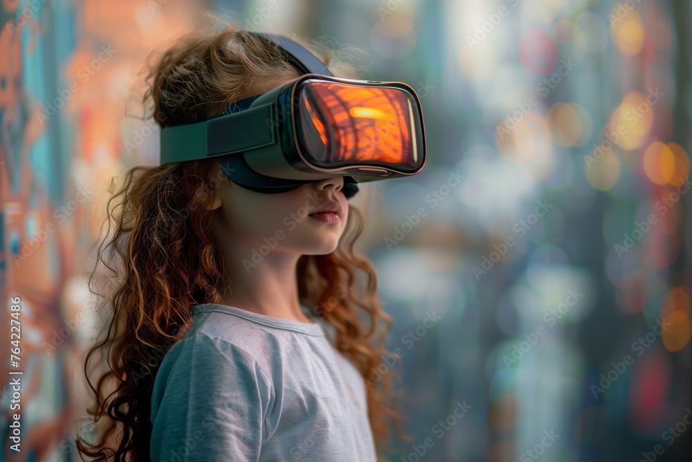 Curly haired child in VR against urban art Curly haired child in VR against urban art