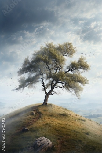 Lonely tree on a hill on a misty windy day