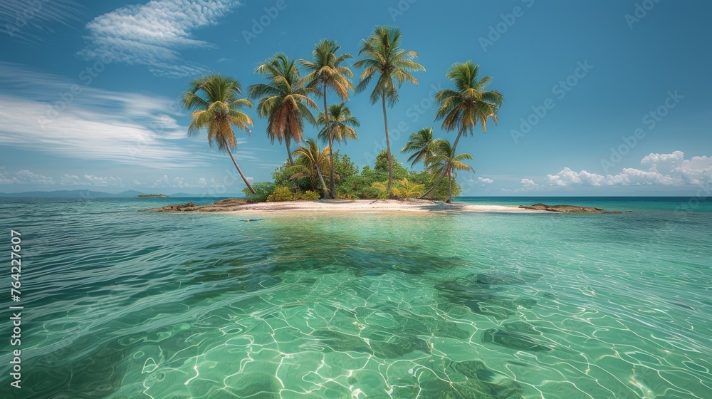 Palm Tree-Lined Island in Ocean - obrazy, fototapety, plakaty 