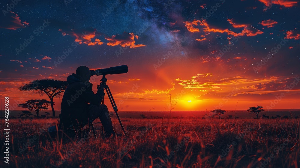 Man Observing Sunset Through Telescope