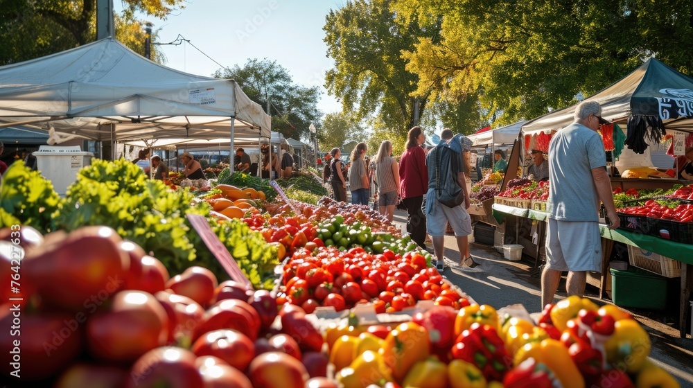 An early morning farmers market scene, bustling with vendors and customers, fresh produce on display, capturing the essence of local commerce and community. Resplendent. - obrazy, fototapety, plakaty 