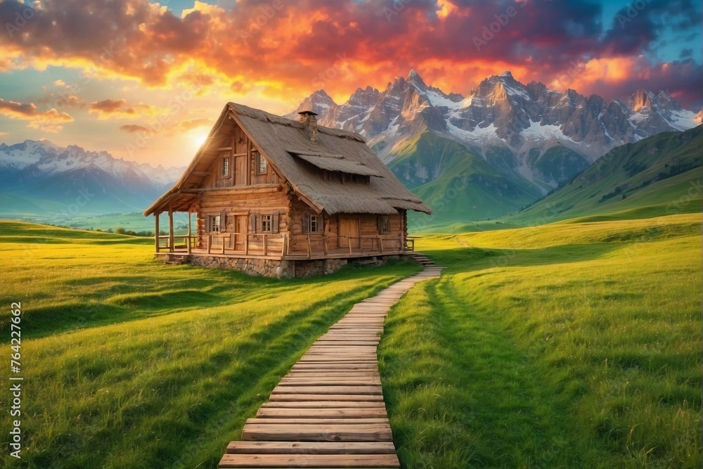Wooden house in a green field and a wooden path Wooden house in a green field and a wooden path