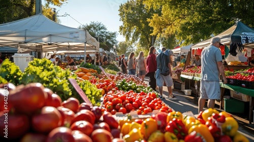 An early morning farmers market scene, bustling with vendors and customers, fresh produce on display, capturing the essence of local commerce and community. Resplendent. © Summit Art Creations