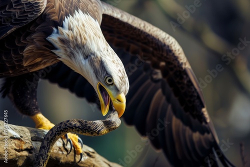 A photo of a large bird gripping a snake tightly in its mouth, Eagle hunting a snake in a brutal display of nature, AI Generated photo