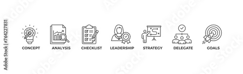 Planning banner web icon vector illustration concept with icon of concept, analysis, checklist, leadership, strategy, delegate and goals
