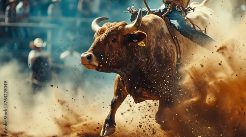 Brave bull rider facing dangerous bucking bull photo