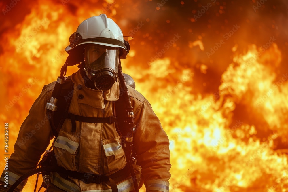 A firefighter fearlessly fights a raging inferno, surrounded by towering flames and billowing smoke, Firefighter in full gear getting ready to extinguish a massive fire, AI Generated A firefighter fearlessly fights a raging inferno, surrounded by towering flames and billowing smoke, Firefighter in full gear getting ready to extinguish a massive fire, AI Generated