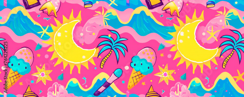 A background featuring pink and blue colors with silhouettes of palm trees. Festive summer. Gift wrapping. Seamless pattern