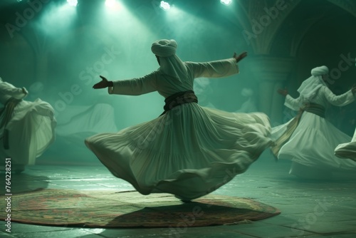 A lively group of individuals engaging in synchronized dance performances on stage, Floating dervishes in a mystical Sufi whirling ceremony, AI Generated photo