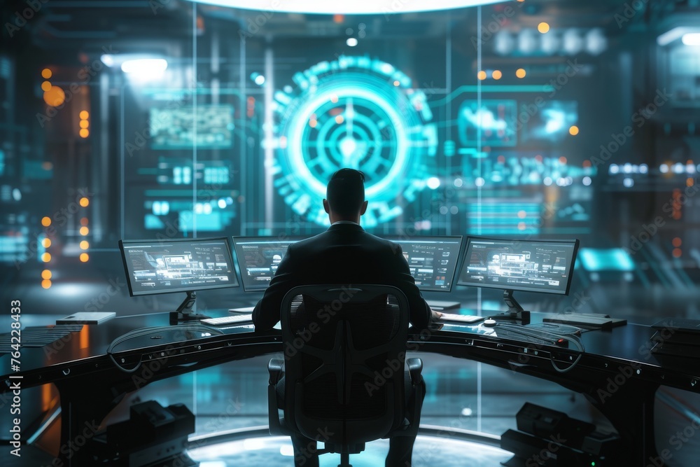 A man is seated at a desk, concentrating on his work while facing two computer monitors, Futuristic concept of a CEO in a digital, technologically advanced workspace, AI Generated