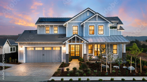 Soft twilight hues embrace the modern farmhouse luxury home exterior, enhancing its inviting appeal. --ar 16:9 --v 6.0 - Image #1 @Zubi