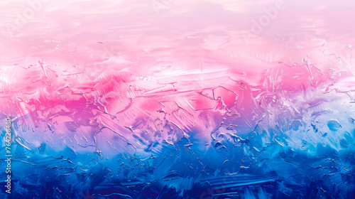 A detailed view of a window featuring pink and blue paint, showcasing the intricate brush strokes and texture of the colors. On-trend crumpled foil background. Banner. Copy space