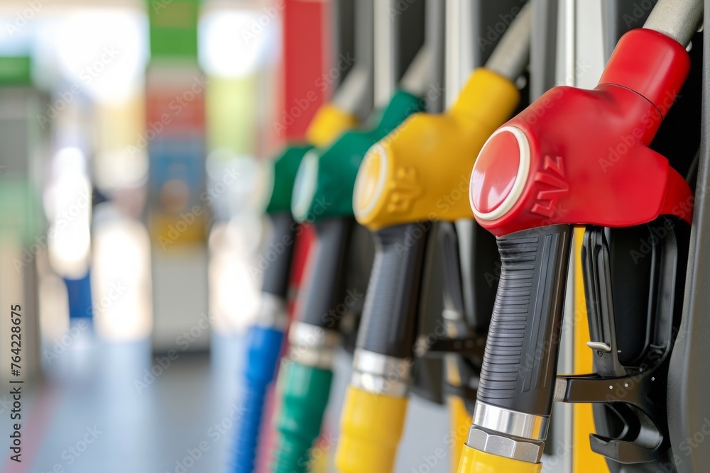 A row of gas pumps lined up side by side, ready for fueling vehicles, Gas pump with escalating prices indicating inflation, AI Generated A row of gas pumps lined up side by side, ready for fueling vehicles, Gas pump with escalating prices indicating inflation, AI Generated