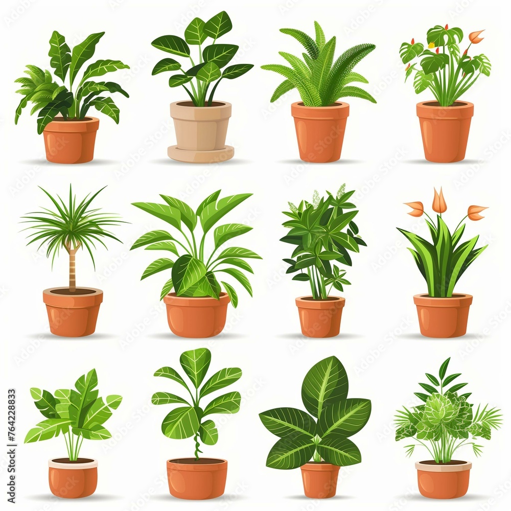 Fototapeta premium Variety of Lush Indoor Plants in Terracotta Pots for Modern Home Decor
