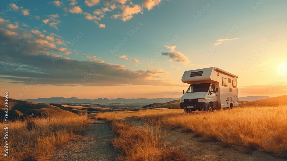 Idyllic Sunset View with Mobile Home on Scenic Country Road