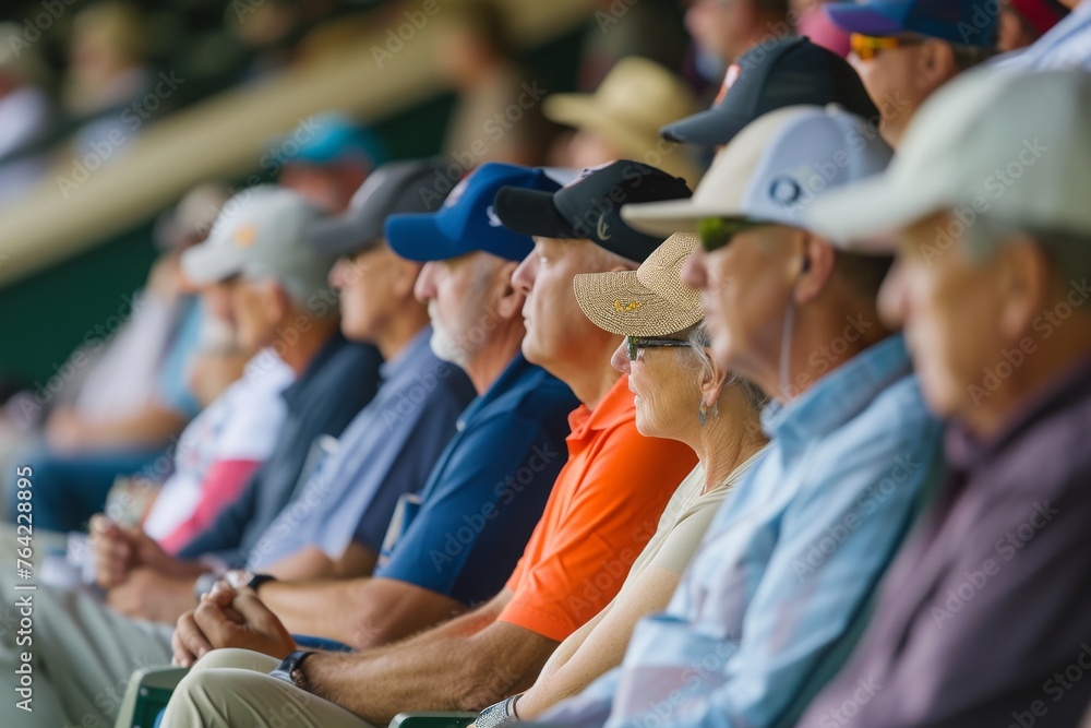 A diverse group of individuals sitting closely together at a baseball stadium, enjoying the game, Golf spectators in a grandstand during a tournament, AI Generated A diverse group of individuals sitting closely together at a baseball stadium, enjoying the game, Golf spectators in a grandstand during a tournament, AI Generated