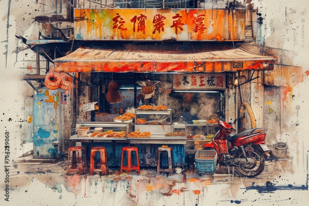A realistic painting capturing a busy food stand with a motorcycle parked prominently in front, Graffiti-style depiction of Chinese street food stalls, AI Generated A realistic painting capturing a busy food stand with a motorcycle parked prominently in front, Graffiti-style depiction of Chinese street food stalls, AI Generated