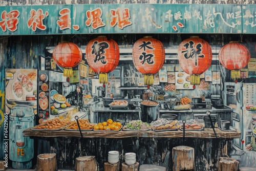 This photo captures a large painting on the side of a building, adorned with intricate Asian writing, Graffiti-style depiction of Chinese street food stalls, AI Generated