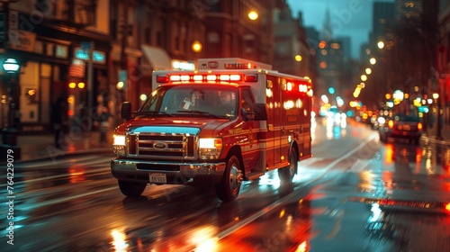 Ambulance Racing Through City Streets at Night