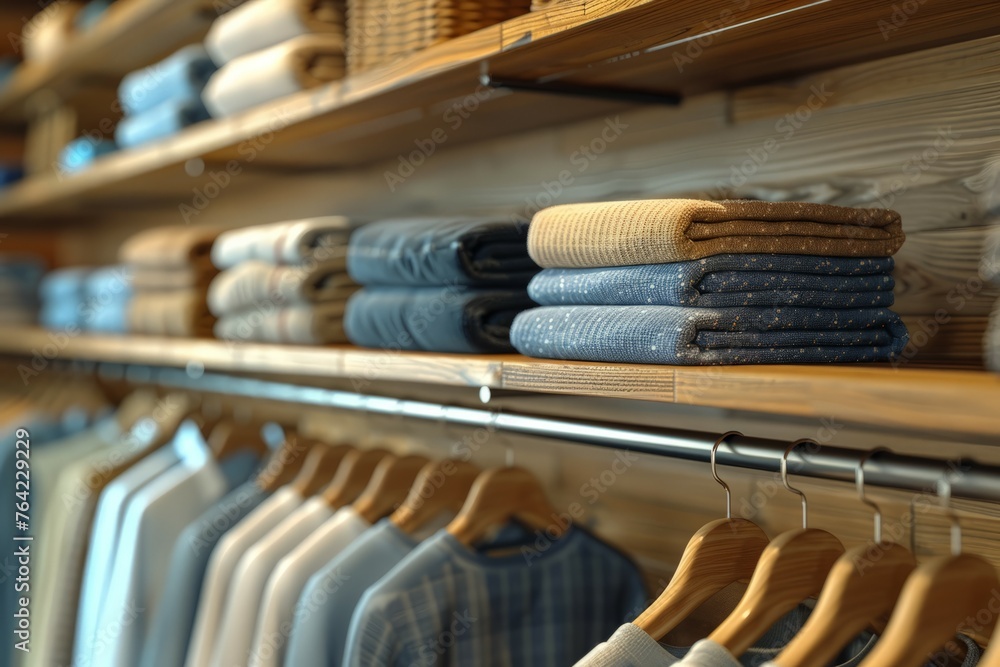 Row of Clothes Hanging on Wooden Shelf