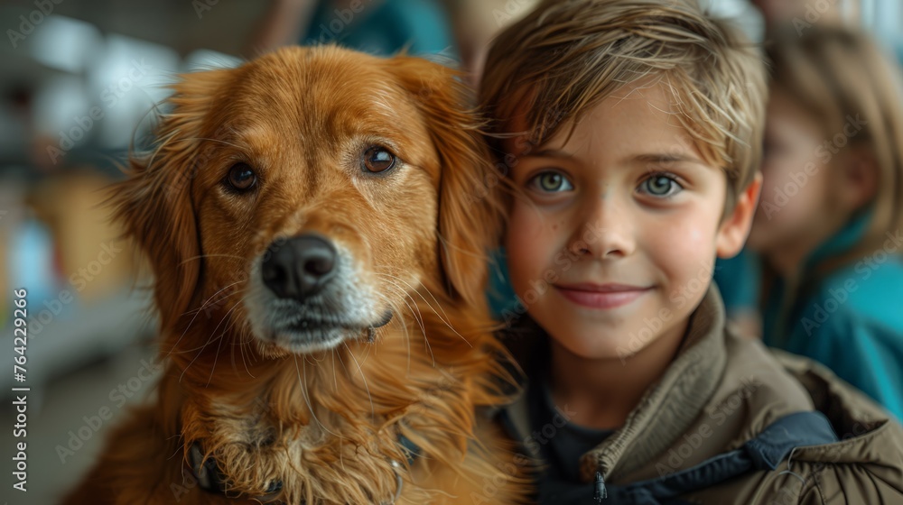 Boy and Dog Posing Together for Picture