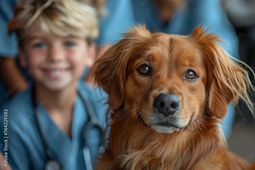 Brown Dog Sitting Next to Boy in Blue Scrubs