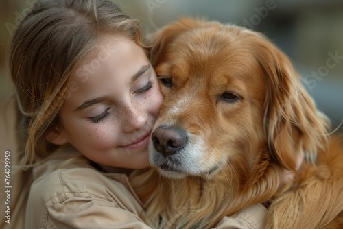Woman Hugging Golden Retriever Dog © Ilugram