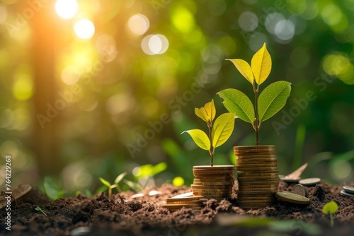A visual representation of growth and prosperity, featuring a stack of coins with a vibrant plant sprouting from the top, Growth of a money tree symbolising escalating cost, AI Generated photo