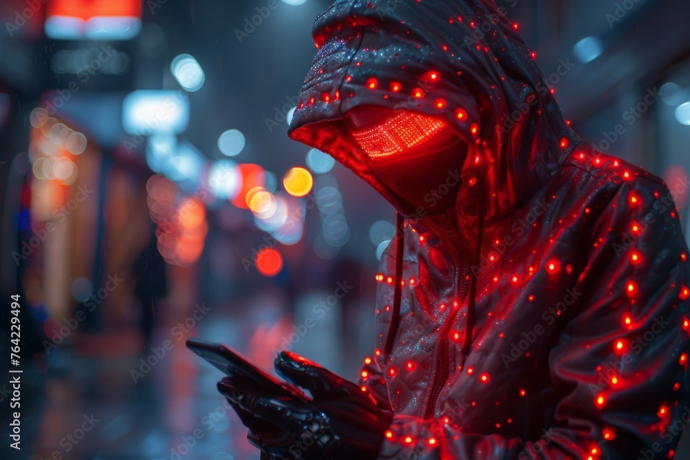 Person in Hooded Jacket Using Cell Phone