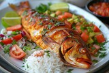 White Plate With Fish and Rice