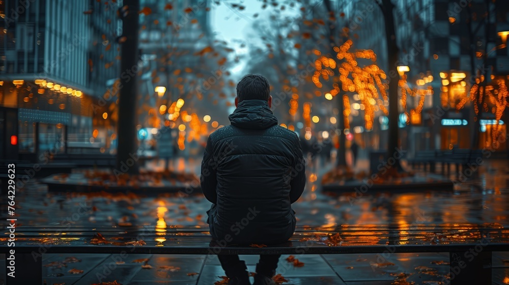 Man Sitting on Bench in Rain