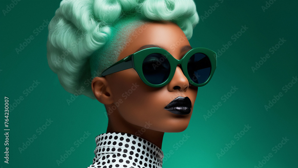 African Fashion model with mint green hair and matching sunglasses, flaunting black lipstick against a teal background.