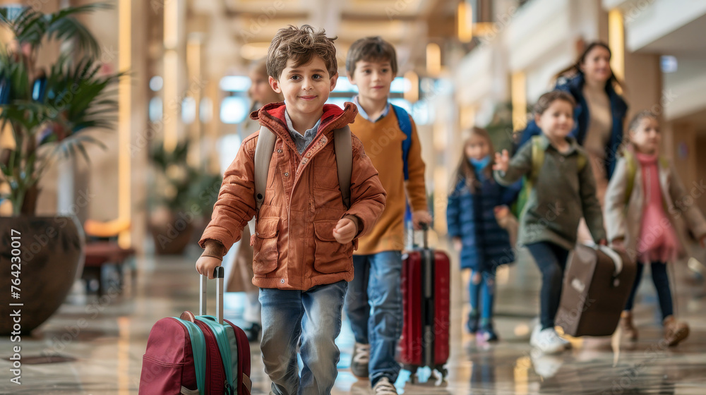 Fototapeta premium Group of children with luggage walking down a hotel hallway guided by adults