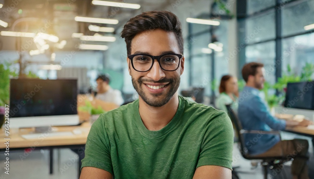 Cheerful man with glasses and a green t-shirt is smiling at the camera, seated in a modern office with co-workers and computers in the background Cheerful man with glasses and a green t-shirt is smiling at the camera, seated in a modern office with co-workers and computers in the background