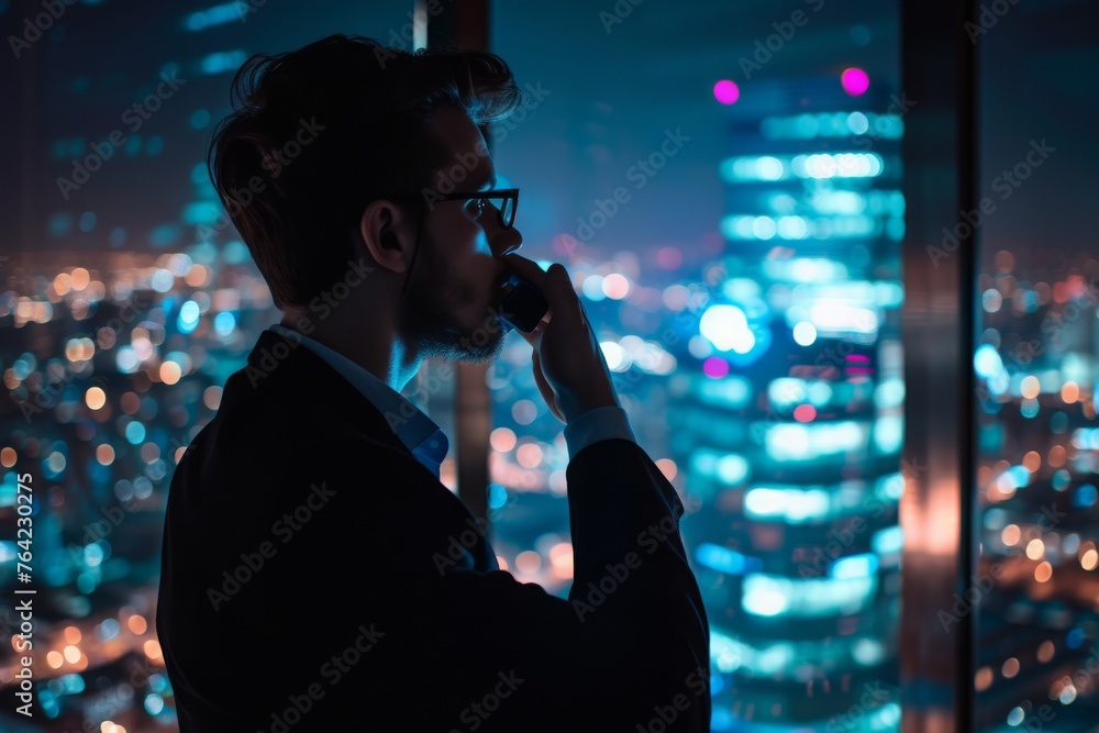 A man stands in front of a window, talking on his cell phone, High profile man making an important phone call while overlooking city lights at night, AI Generated A man stands in front of a window, talking on his cell phone, High profile man making an important phone call while overlooking city lights at night, AI Generated