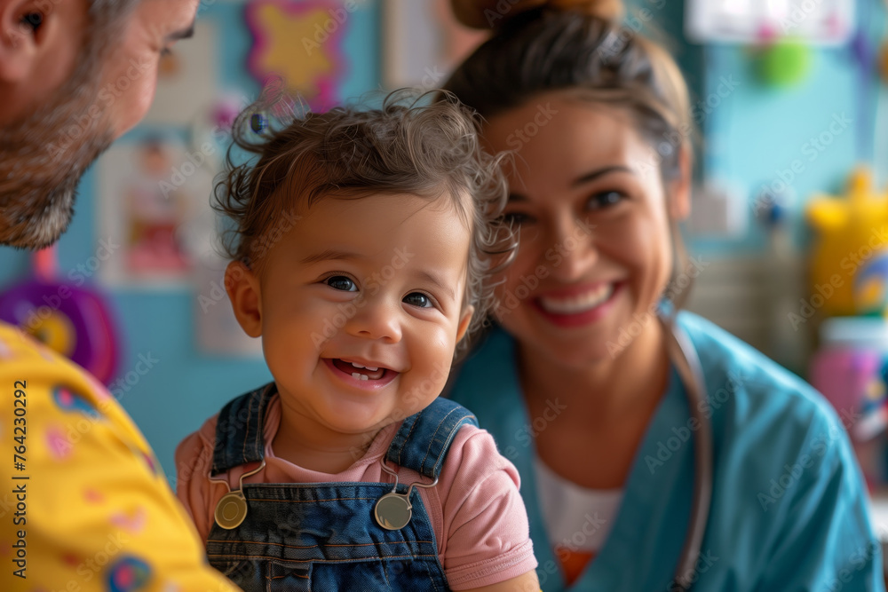 Happy toddler with parents in playroom Happy toddler with parents in playroom