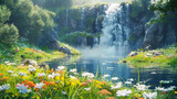 Idyllic landscape with cascading waterfall surrounded by spring flowers