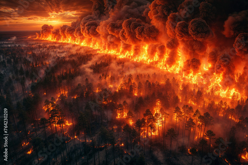 A devastating wildfire rages, its uncontrolled power sweeping over woodland, captured in a moment that reflects both the awe and the tragedy of nature's fury. Generative AI
