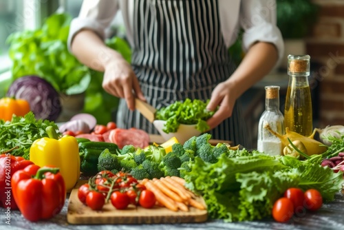 An individual is seen in a kitchen, actively engaged in preparing vegetables on a cutting board, Healthy organic food being prepared for holistic nutrition, AI Generated